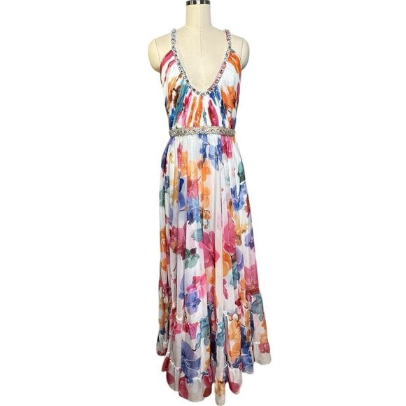 Mac Duggal 2219 Plunge Neck Embellished A Line Floral Print Gown | Size 12 - Picture 6 of 10